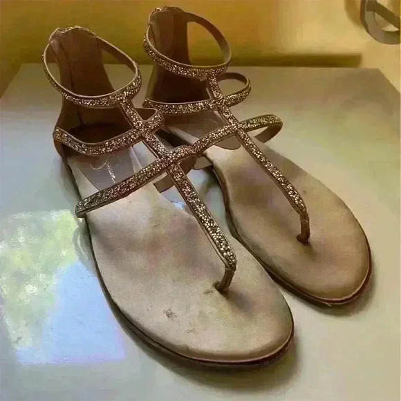 Jessica Simpson Cammie Splittoe Ankle Strap Sandal Gold Size 7.5 Beaded - Picture 2 of 9